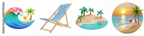 Collection of summer beach icons isolated on transparent background