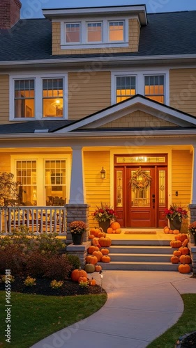 A welcoming home decorated for autumn with pumpkins on the porch at dusk. Cozy suburban house with a glowing entrance and fall decorations.