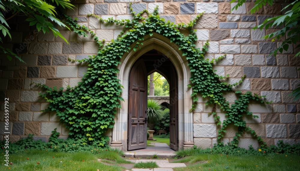 Fototapeta premium Overgrown archway framed by ivy on a stone wall leading to a hidden garden.