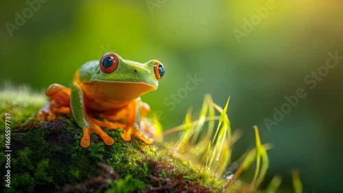 Close-up Portrait of a Red-Eyed Tree Frog Sitting on Mossy Substrate in Rainforest