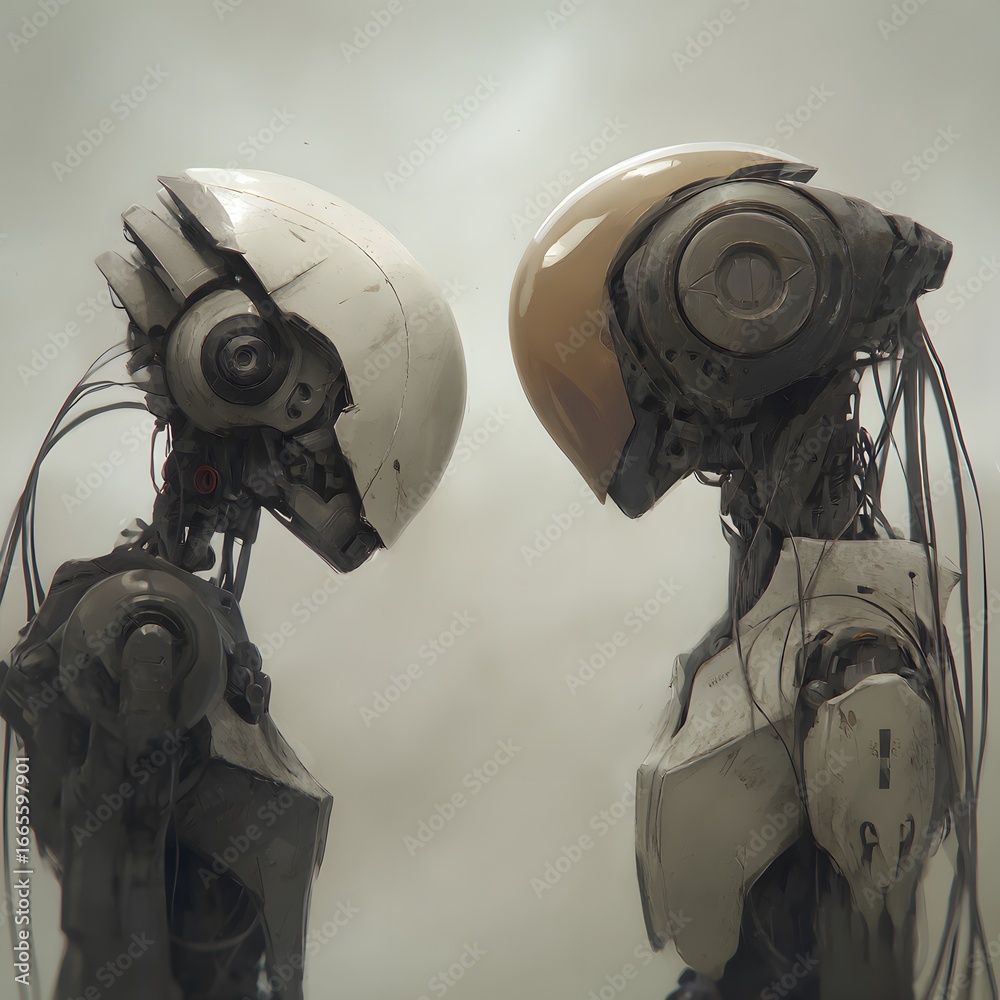Fototapeta premium Two weathered sci-fi androids with dome heads and exposed wiring facing each other in profile.