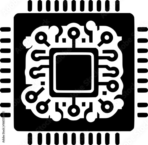 Minimalist black and white vector icon of a chip. Clean, modern, geometric style perfect for logos, stickers, or digital use.