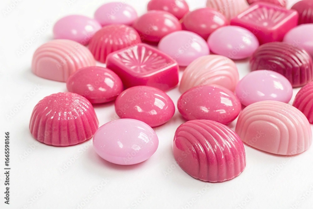 Obraz premium Close-up of pink candies on white background 