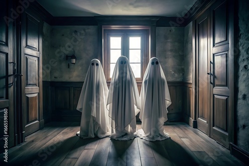 Three Ghosts in a Haunted House Hallway Halloween Spooky Scene