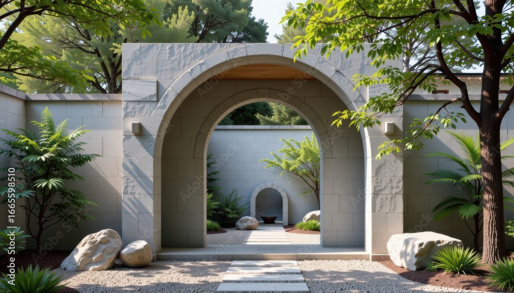 Fototapeta premium Serene garden pathway with archways and lush greenery.