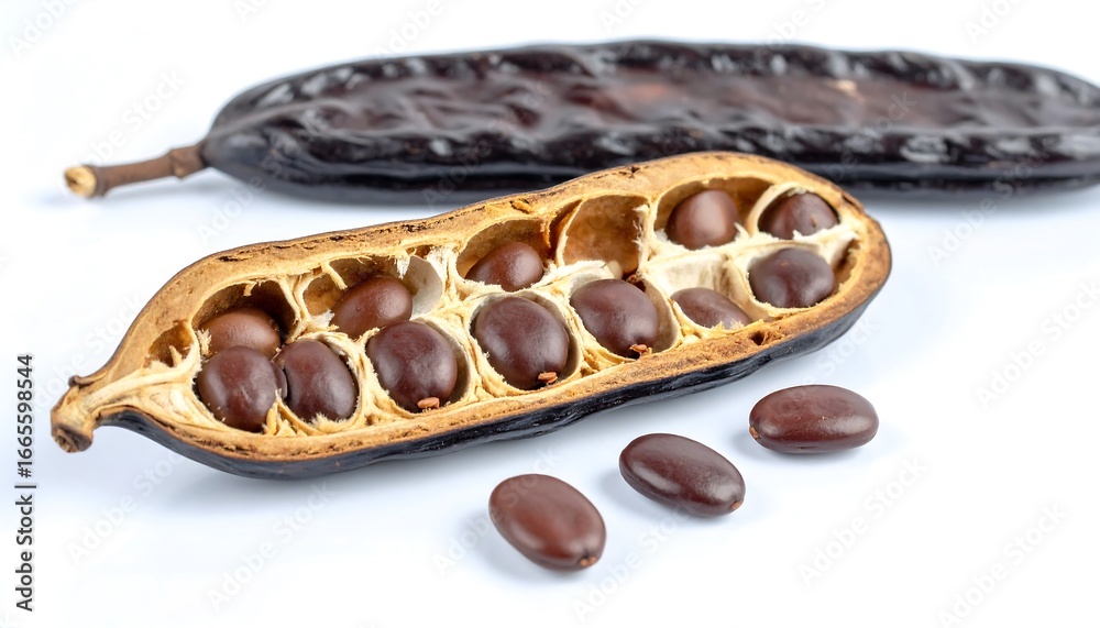 Obraz premium A lengthwise section of a dark pod reveals numerous dark brown seeds nestled within its light beige interior.