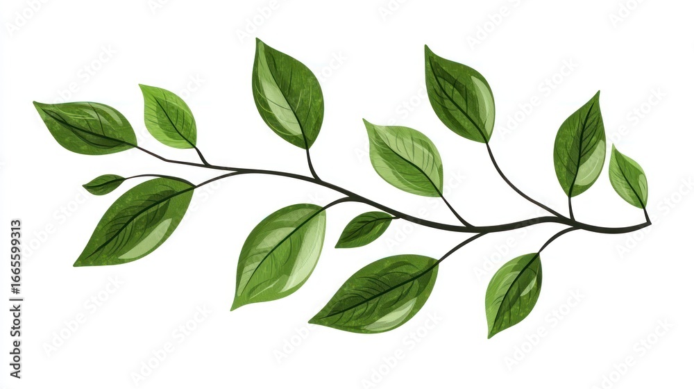 Naklejka premium A green leafy branch with multiple leaves against a white background.