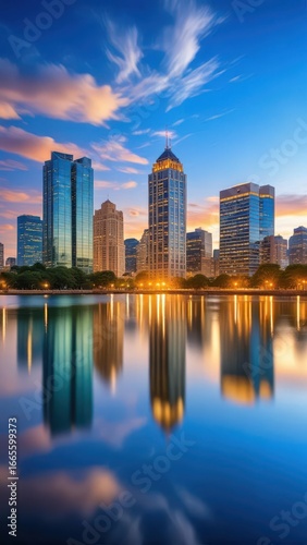 Panoramic view of Orlando skyline at dusk with Lake Eola in the foreground