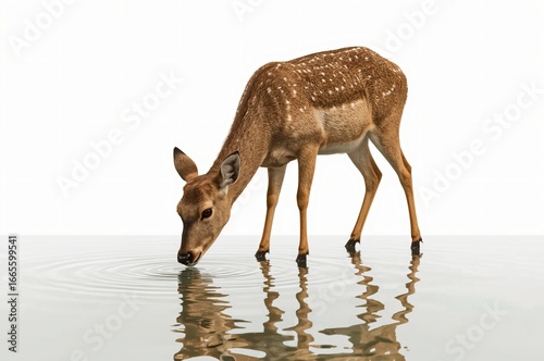Axis deer drinking water, reflection, isolated, white background, wildlife