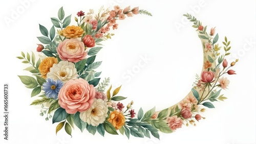 An ornate floral wreath with a crescent moon at its center