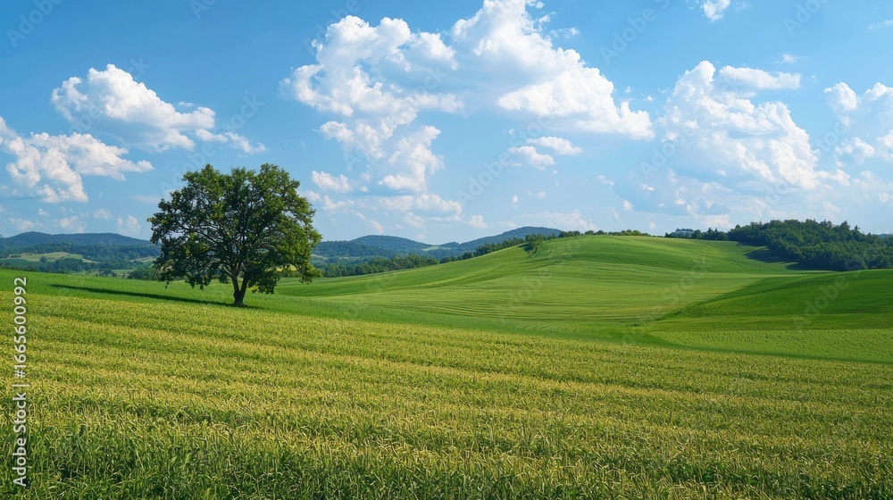 Naklejka premium A lone tree stands in a vast, green field under a clear blue sky with fluffy white clouds.