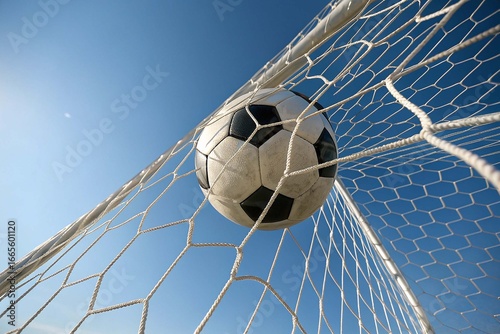 Close-up of soccer ball in net against sky on white background