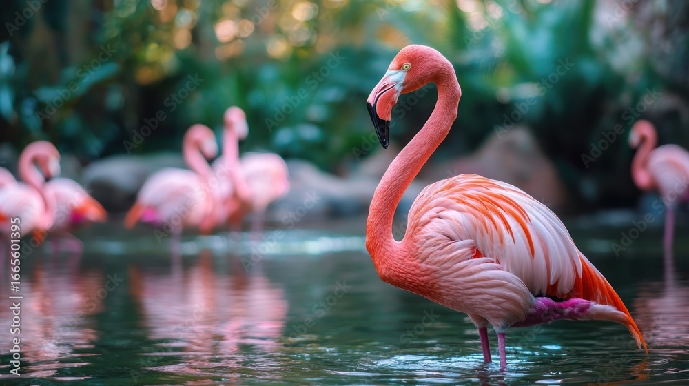 Fototapeta premium A pink flamingo standing in a pond with other flamingos in the background.