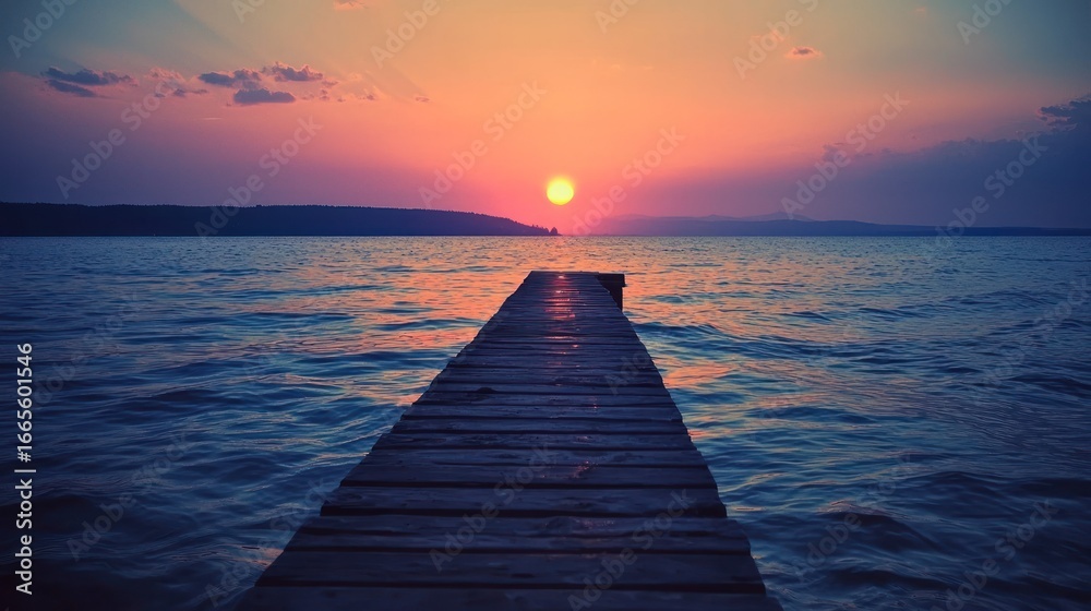 Obraz premium A wooden pier extending into the calm, blue waters of a lake at sunset, with a vibrant orange and pink sky and a single, bright yellow sun in the distance.