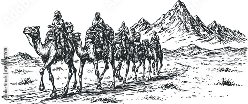 Caravan of camels and riders traverse arid desert landscape with mountainous background