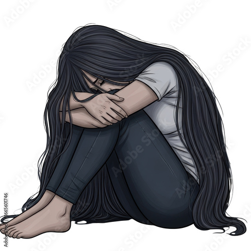 Young woman hunched over in despair with long dark hair covering her face transparent background