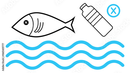 Adobe Illustrator ArtworkEnvironmental pollution concept with dead fish and plastic waste in ocean water