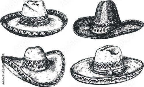Vintage Hand-Drawn Collection of Four Traditional Sombrero Hats