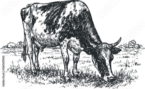 Detailed sketch of a spotted cow grazing in a grassy field