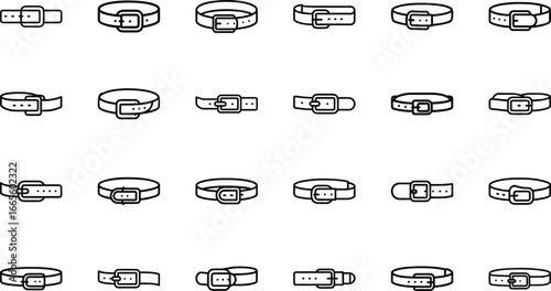 Collection of black outline belt icons with buckles on white background vector