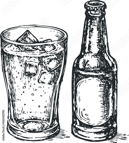 Glass of Cold Drink with Ice and Bottle