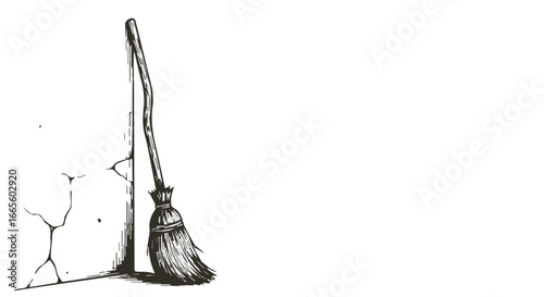 Halloween illustration of a vintage broom leaning against a cracked wall corner for cleaning and home decor needs vector