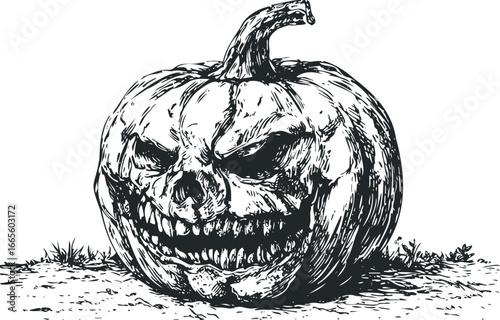Monstrous carved pumpkin with jagged teeth and fierce expression on grassy ground