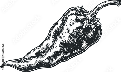 Engraved Single Jalapeno Pepper in Black and White