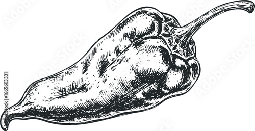 Detailed sketch of a single jalapeño pepper with stem