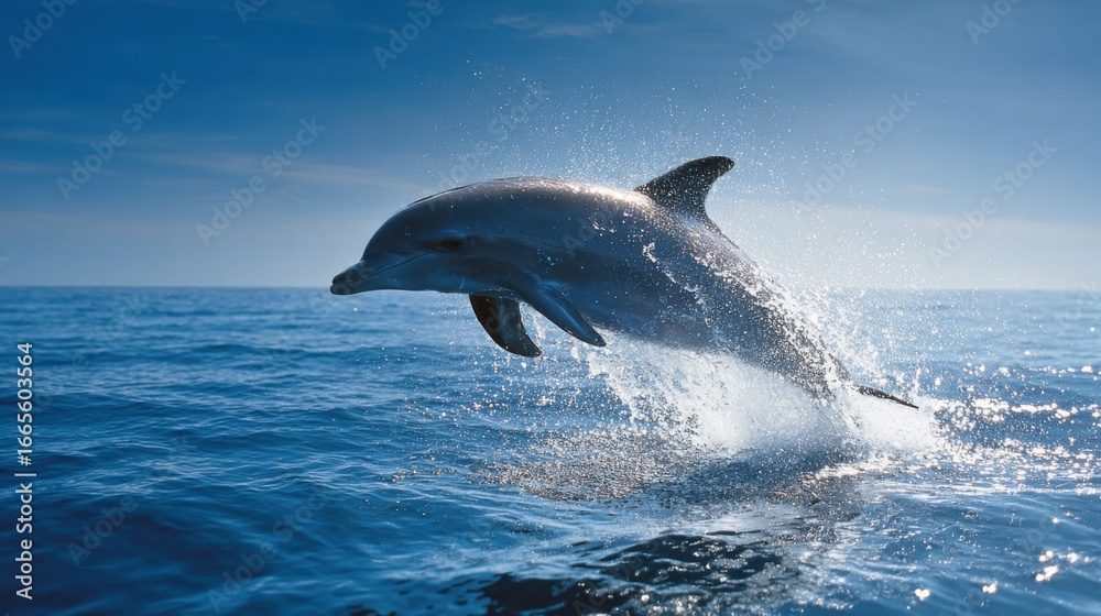 Fototapeta premium A Cheerful Dolphin Leaps In The Bright Sunlight