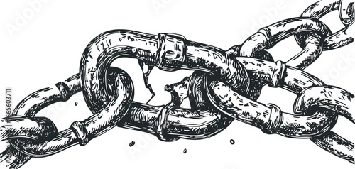 Broken Metal Chain Links Intertwined and Damaged