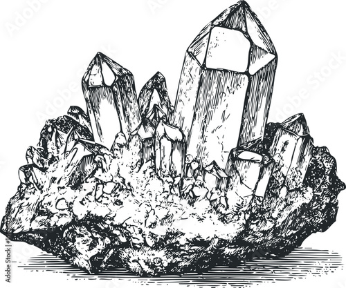 Detailed woodcut illustration of a quartz crystal cluster on rock