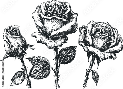 Three detailed black and white sketches of blooming roses on stems