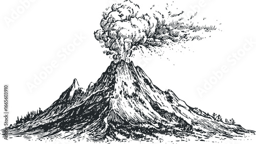Volcano erupting with ash cloud and smoke billowing upwards