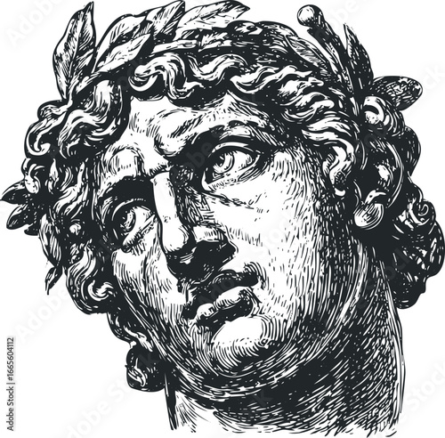Detailed line drawing of classical sculpture head with laurel wreath