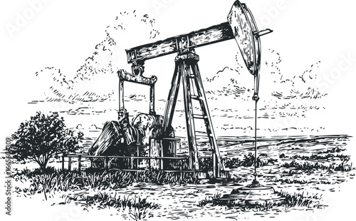 Sketch of an oil pumpjack on a rural landscape with a tree