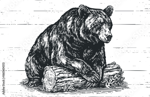 Detailed scratchboard portrait of a solitary grizzly bear resting on logs in a forest setting
