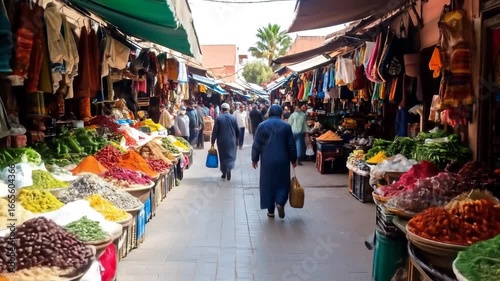 Vibrant Moroccan Market Scene Spices with Textiles, and and People in a Bustling Bazaar.