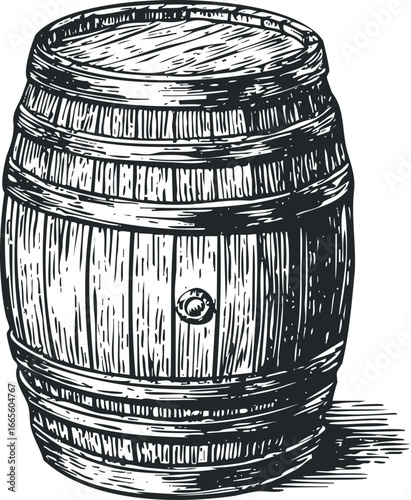 Wooden barrel with metal hoops and bung hole depicted in black and white sketch style