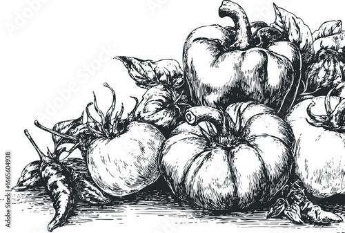 Vintage sketch of ripe tomatoes and peppers with leafy green stems