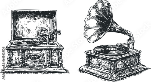 Vintage gramophone with large horn playing a vinyl record on a wooden base