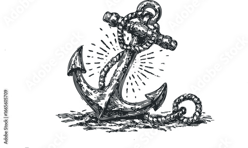 Vintage nautical anchor with thick rope on textured water surface