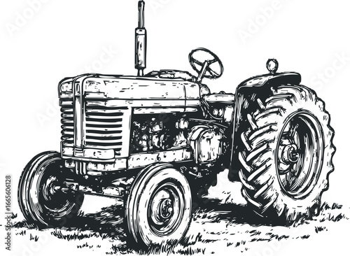 Vintage Agricultural Tractor With Large Tires In Grassy Field