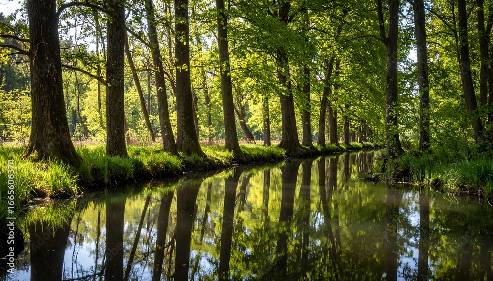 Fototapeta premium Serene waterway lined with tall trees, reflecting a lush green canopy, bathed in sunlight.