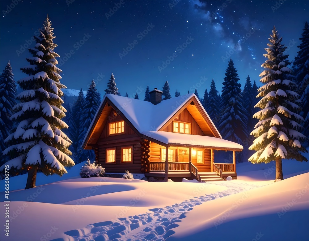 Fototapeta premium Cozy log cabin nestled in snowy forest at night