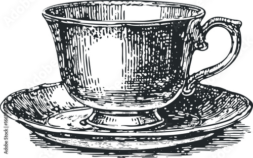 Engraved antique teacup and saucer with intricate decorative lines