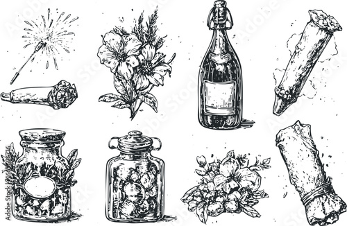 Collection of Vintage-Style Drawings of Celebratory Items and Preserved Foods