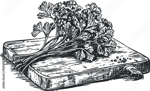 Hand-drawn bunch of fresh parsley with peppercorns on a wooden cutting board