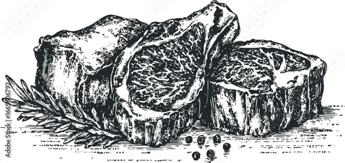 Selection of Raw Meat Steaks with Rosemary and Peppercorns in Sketch Style