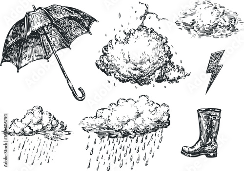 Hand drawn collection of weather elements including an umbrella, clouds with rain, lightning, and a rain boot